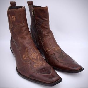 Aldo Brown Leather Western Ankle Boots 42 Embroidered US 9 Side Zipper Cowboy